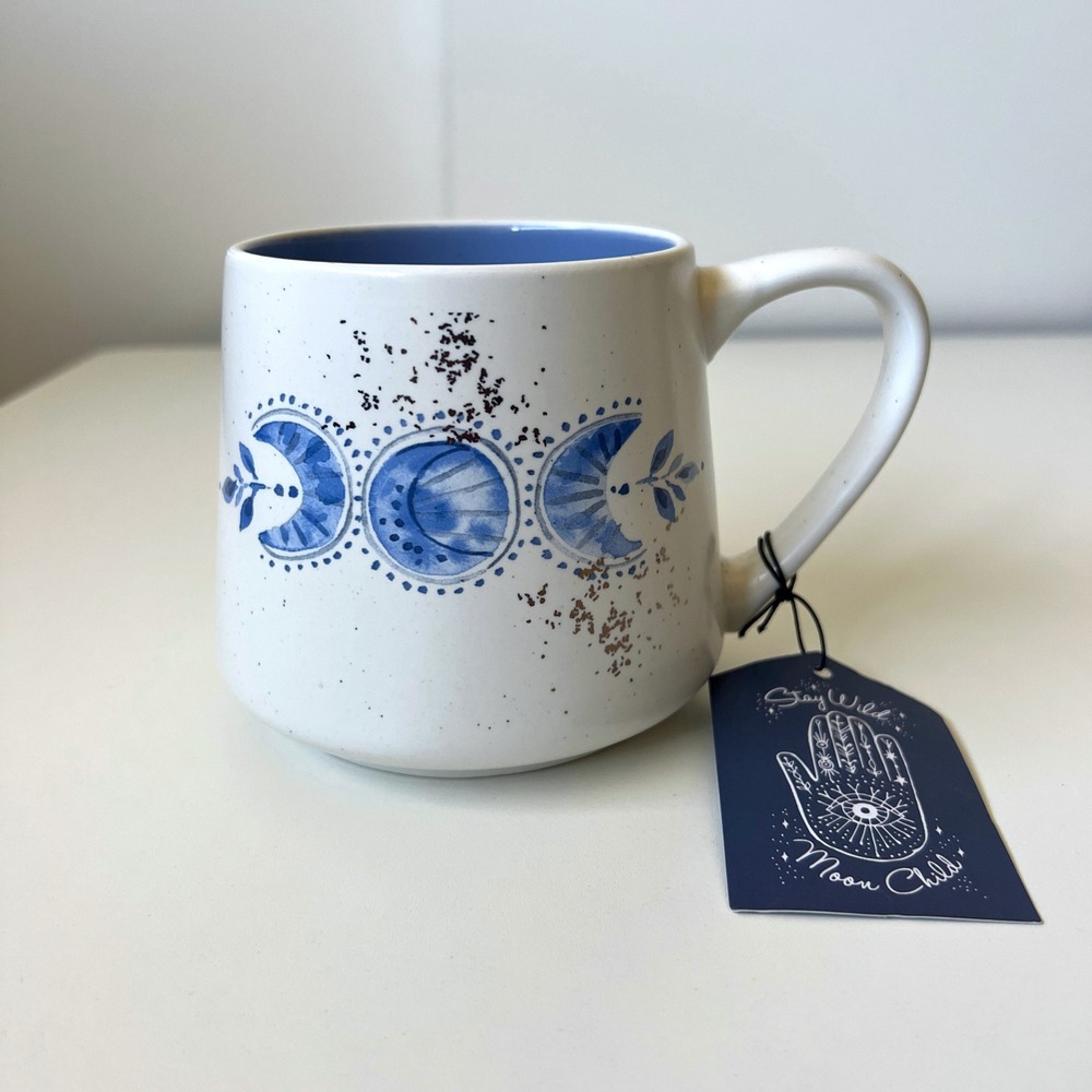Stay Wild Moon Child Triple Moon Ceramic Mug Blue White NWT